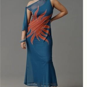 Anthropologie Blue and Orange One-Shoulder Dress